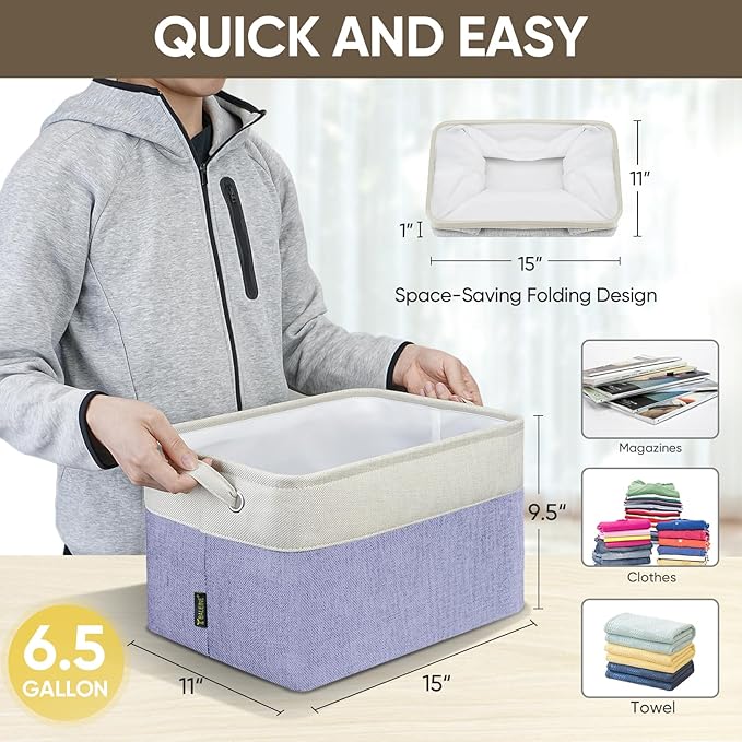 BALEINE 4 Pack Fabric Storage Bins for Shelves, Linen Storage Baskets for Organizing, Decorative Closet Bins for Clothes, Home (Lavender, 15''x11''x9.5'')-CubbioJoy