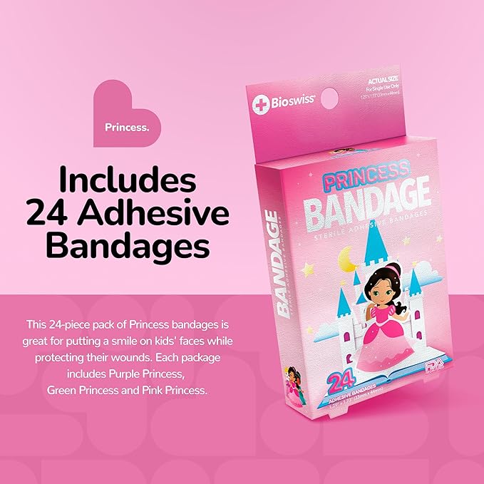 BioSwiss Bandages, Princess Shaped Self Adhesive Bandage, Latex Free Sterile Wound Care, Fun First Aid Kit Supplies for Kids, 24 Count-CubbioJoy