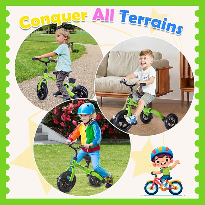 Ancaixin 3 in 1 Toddler Tricycles for 2-5 Years Old Boys and Girls with Adjustable Seat Detachable Pedal and Bell, Foldable Baby Balance Bike Riding Toys for Kids, Child Birthday Gift Green-CubbioJoy