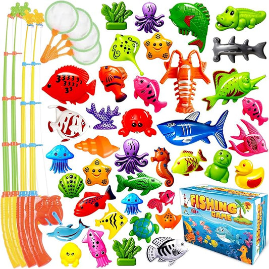 CozyBomB™ Magnetic Fishing Toys Game Set for Kids | Water Table Bathtub Kiddie Pool Party & Pole Rod Net, Plastic Floating Fish Toddler Color Ocean Sea Animals Birthday Age 3 4 5 6 Year-CubbioJoy