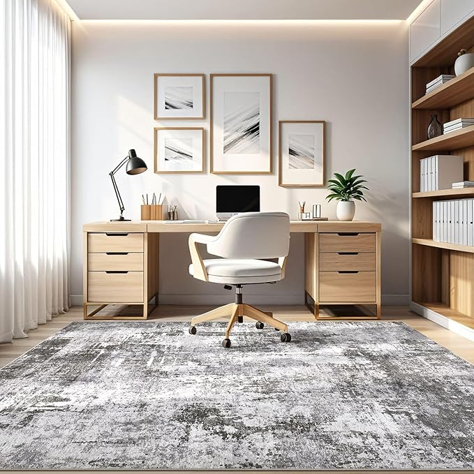 7x10 Area Rug Living Room: Washable Large Abstract Modern Soft Stain Resistant Indoor Floor Rugs Non Slip Accent Carpet for Bedroom Nursery Playroom Office Dining Room Dorm Home House- Black Grey-CubbioJoy