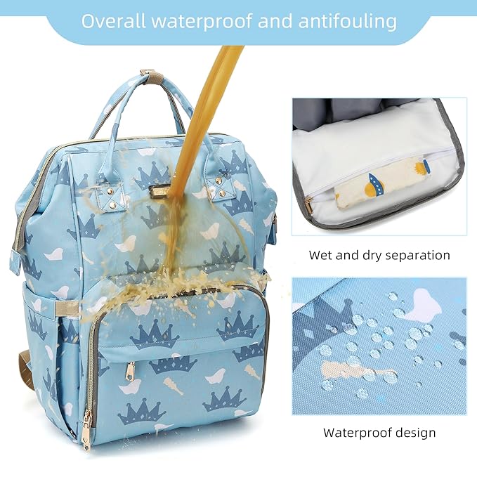Diaper Bag Backpack, Diaper Bags for Baby Girls Boys, Baby Bags for Moms Dads, Nappy Changing Bag with Insulated Pockets,Multi-functional Waterproof Backpack with Stroller straps-Light blue crown-CubbioJoy
