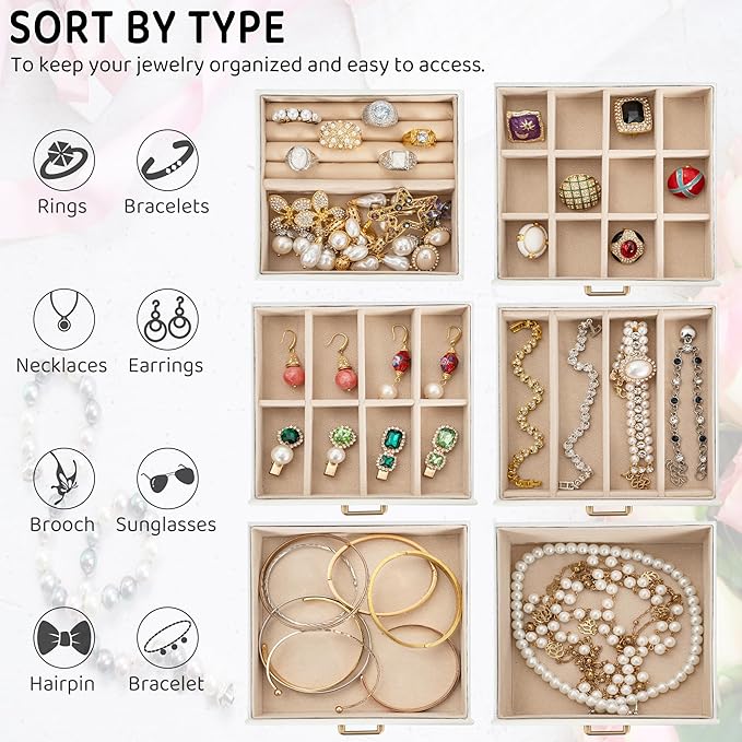 AKOZLIN 6-Tier Jewelry Box Lockable Leather Jewelry Storage Case with 5 Drawers for Women Girls Ring Necklace Earring Bracelet Holder Organizer with Mirror-CubbioJoy