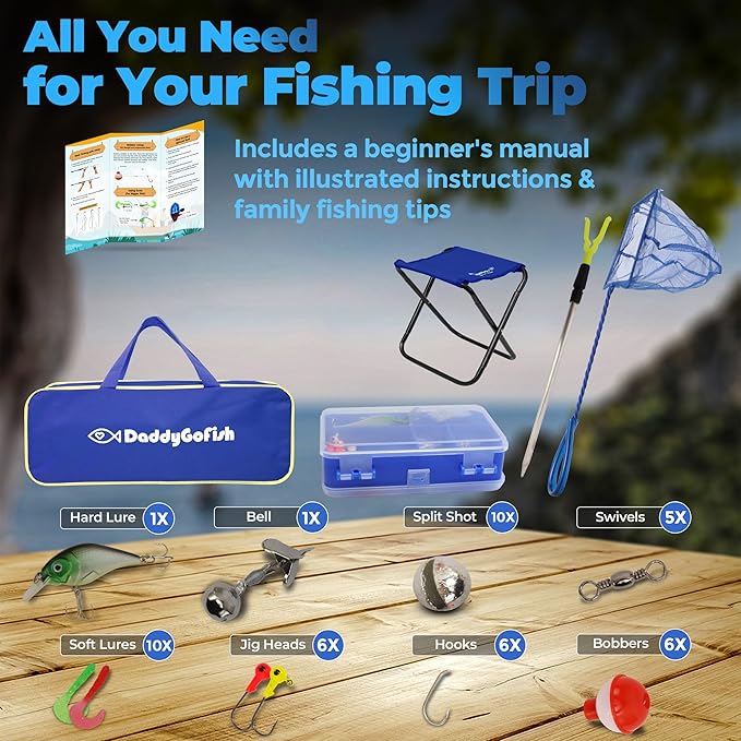 DaddyGoFish Kids Fishing Pole - Rod Reel Combo Tackle Box Starter Set - First Year Small Dock Gear Kit for Boys Girls Toddler Youth Age Beginner Little Children Junior Anglers Older Kids-CubbioJoy