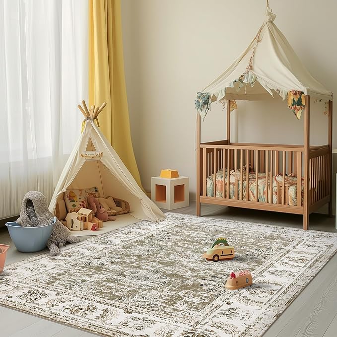 jinchan Washable Area Rug 4x6 Ultra-Thin Low Pile Non Slip Stain Resistant Soft Faux Wool Floral Rug Distressed Boho Vintage Carpet for Bedroom,Living Room,Dining Room,Kitchen,Nursery(Taupe, 4' x 6')-CubbioJoy