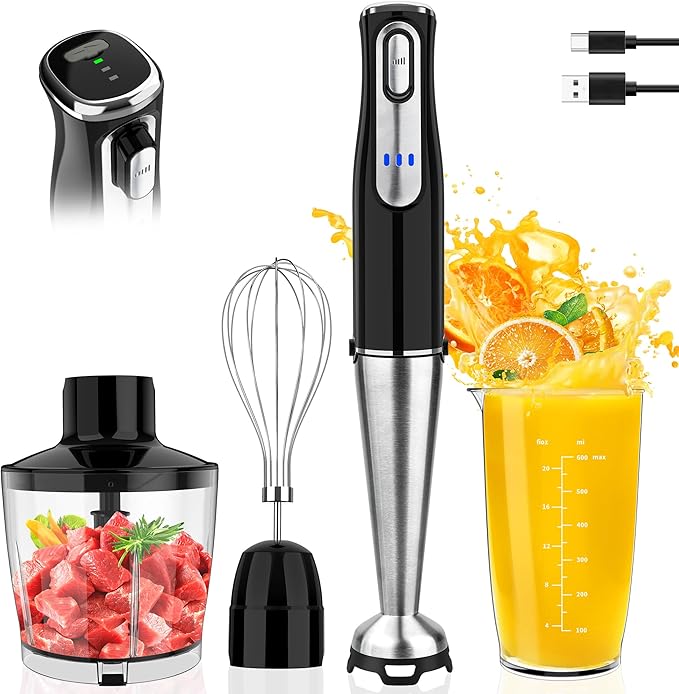 Cordless Immersion Blender Handheld, Rechargeable 4 In 1 Electric Hand Blender Stick Blender Variable Speed with Chopper, Beaker, Whisk, Stainless Steel Blade for Soup, Baby Food, Smoothies-CubbioJoy