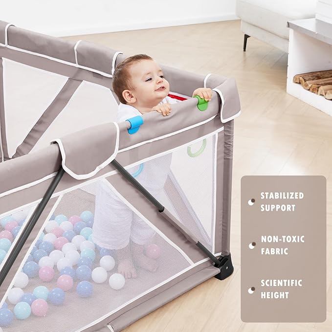 Baby Playpen Foldable, Playard for Babies and Toddlers, Portable Playpen Activity Center with 50 Balls+2 Handles for Travel, Indoor & Outdoor Play Pen with Mesh 59''x71''-CubbioJoy