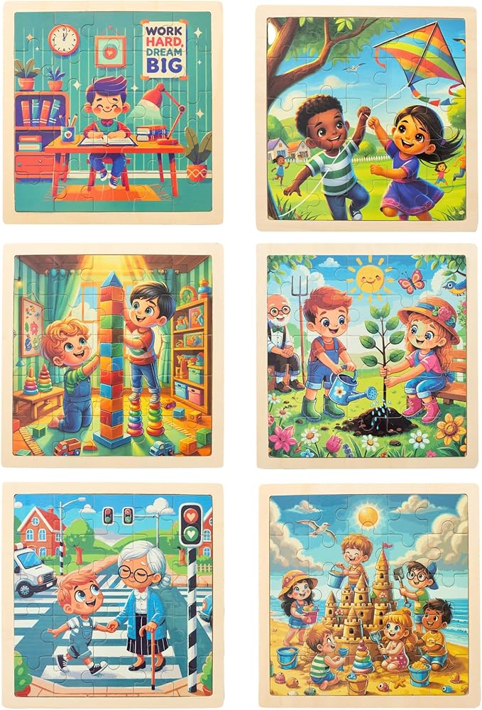 6 Educational Wooden Puzzles & Storybook, Teaches Kindness, Empathy & More – 6 in 1 Jigsaw Puzzle for Kids Ages 3-7 – Learn Real Values Through Stories – Montessori Puzzle Set 25 Pieces-CubbioJoy