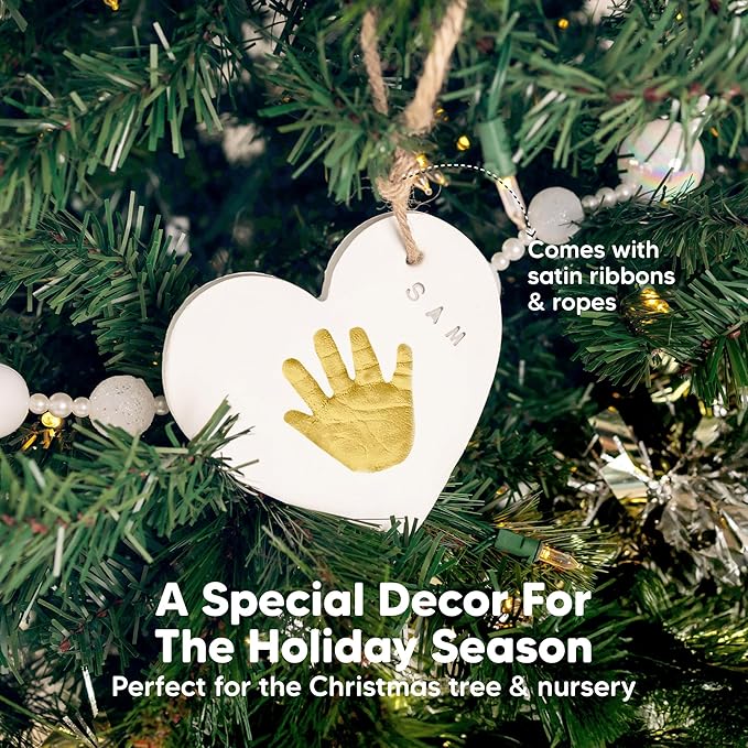 Baby Hand and Footprint Kit Keepsake - Quick-Dry Newborn Foot & Handprint Ornament Kit Boys, Girls, Personalized New Baby Gifts for New Parents, Cute Christmas & Keepsake Gifts (Duo Heart)-CubbioJoy