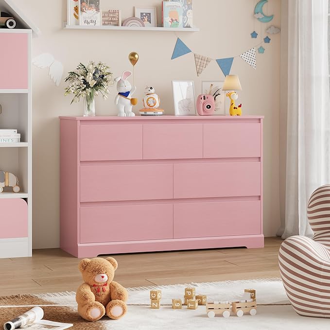 Dresser for Bedroom, Modern Pink Dresser, Wood Chest of Drawers Nursery Dressers, with Storage, 7 Drawer Double with Handle Free, Large Storage Organizer for Living Room,Pink-CubbioJoy