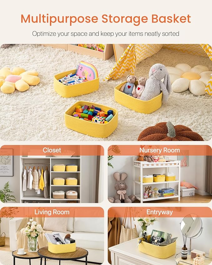 KALLAX Small Woven Basket, 12 x 8 x 4.5 Inches, Storage Basket for Organizing, Cute Small Rope Shelf Closet Cube Storage Bins Baskets for Shelves, Dog Toy Gift Baskets Empty, 3 Pack Yellow-CubbioJoy