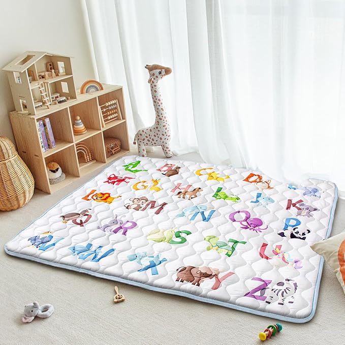 Baby Play Mats for Floor, 71”x59” Upgraded Thickness & Larger Super Soft Playmat for Babies and Toddlers, Foldable Washable, Upgrade Anti-Slip Crawling Mat for Playpen(Animal Alphabets)-CubbioJoy