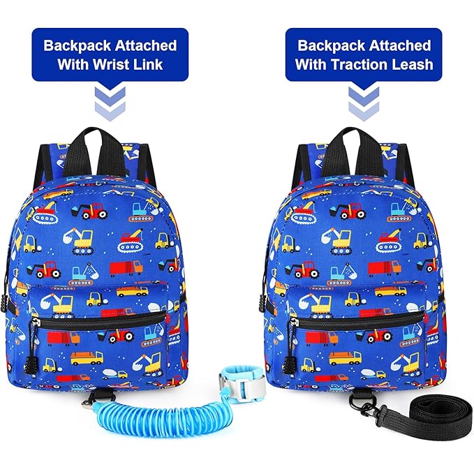 Accmor Toddler Backpack Leash with Anti Lost Wrist Link, Cute Mini Child Walking Harnesses Keep Kids Close Back Pack Rope Tether Rein for Baby Boys (Blue/Excavator)-CubbioJoy