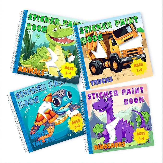 BulbaCraft 4Pcs Sticker Paint Books for Boys - Sticker Books by Number with Dinosaurs, Trucks, Animals and Under The Sea - Coloring Activity for Kids-CubbioJoy