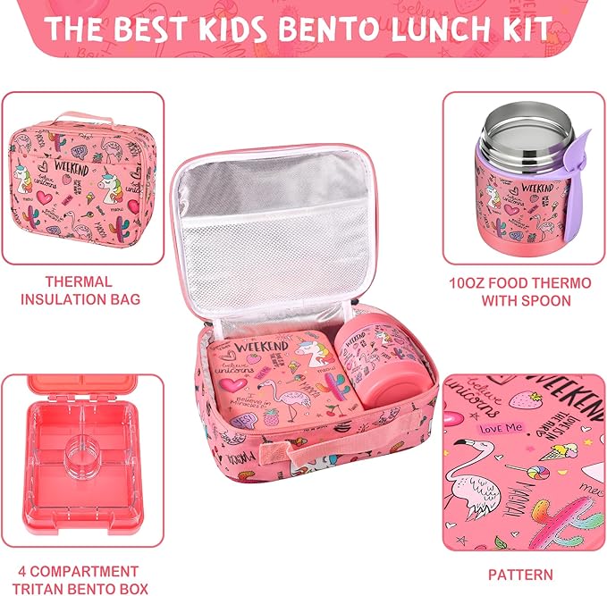 Bento Lunch Box Set With 10oz Soup Thermo, Leak-proof Lunch Containers with 4 Compartment, Kids Hot Thermo Food Jar/Insulation Lunch Bag, Food Containers for School（Flamingo）-CubbioJoy