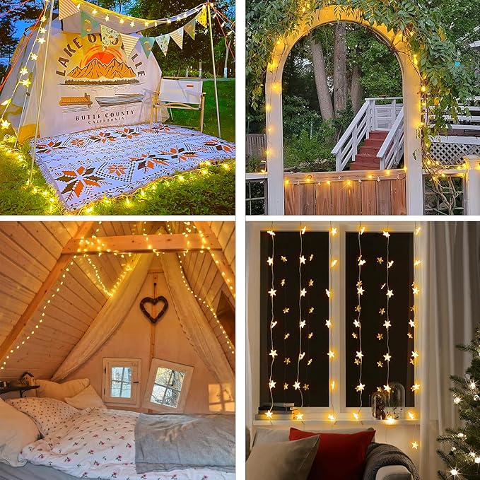 120 LED 40FT Star String Lights, 8 Modes Plug in Star Lights with Timer & Memory, Indoor Outdoor Christmas Twinkle Light for Birthday Party Bedroom Wedding Home Classrom Decor Warm White-CubbioJoy