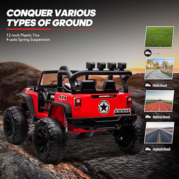 24V 9Ah Ride on Toy for Big Kids, 4x4 2 Seater Ride on Car Truck w/Remote Control, 4x200W Motors - Bright Red-CubbioJoy