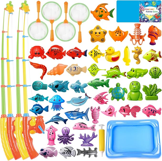 CozyBomB™ Magnetic Fishing Toys Game Set for Kids | Water Table Bathtub Kiddie Pool Party & Pole Rod Net, Plastic Floating Fish Toddler Color Ocean Sea Animals Birthday Age 3 4 5 6 Year-CubbioJoy