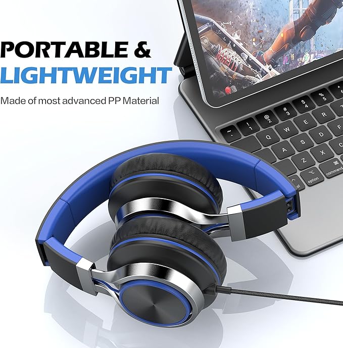 AILIHEN C8 USB-C Headphones Wired - Kids Headphones with Microphone & Volume Control, Foldable Stereo Sound Tangle-Free Type C Cord, Compatible with Cellphone, Laptop, PC (Black Blue)-CubbioJoy