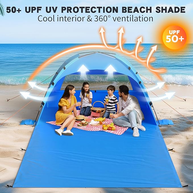 Beach Tent Sun Shelter with Extended Sand Mat 114×82inch，UPF 50+ Protection, 3 Double-Layer Windows for Enhanced Privacy; Portable Beach Shade, 3-4 People. Windproof and Waterproof-CubbioJoy
