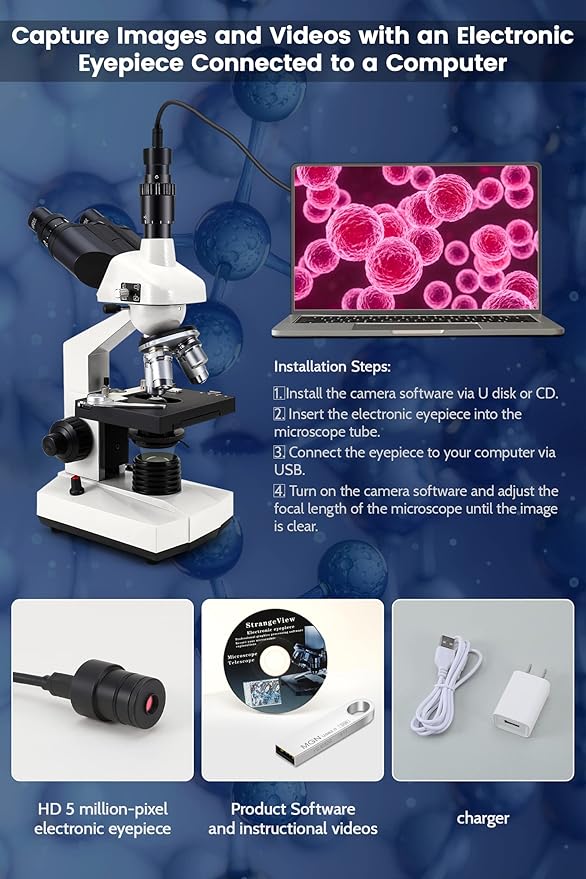 40X-5000X Compound trinocular Microscopes trinocular fo Adults, with 5.0 mp Camera with Microscope Slides 30p, Microscope Accessories, Microscopes Abbe Condenser-CubbioJoy