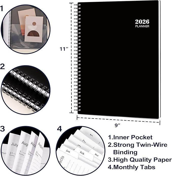 2026 Planner - 9” × 11”, 2026 Weekly and Monthly Planner, from JAN. 2026 to DEC. 2026, Inner Pocket, Premium Paper, Twin-wire Binding, Make Your Life Productive - Black-CubbioJoy