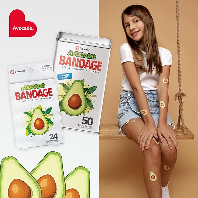 BioSwiss Bandages, Avocado Shaped Self Adhesive Bandage, Latex Free Sterile Wound Care, Fun First Aid Kit Supplies for Kids, 24 Count-CubbioJoy