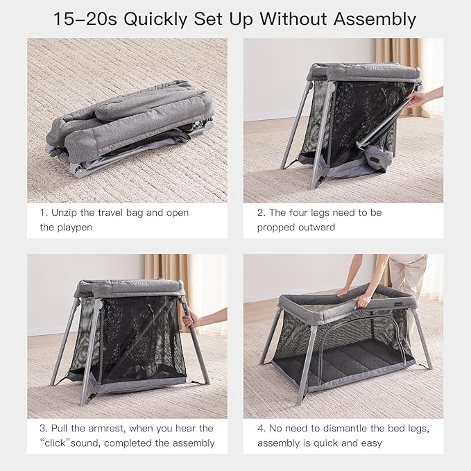 2 in 1 Portable Travel Crib for Toddler, Foldable Crib for Baby, Lightweight Playpen Collapsible Playard with Soft Mattress, Easy to Carry Baby Travel Bed for Outdoor, Indoor (Grey)-CubbioJoy