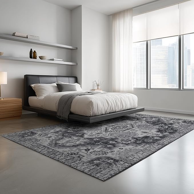 4x6 Washable Area Rug for Living Room, Carpet for Bedroom, Soft Faux Wool Retro Dining Room Rug, Non Slip&Non-Shedding Resistant Low Pile Vintage Print Rug for Home Office (Medium Gray)-CubbioJoy