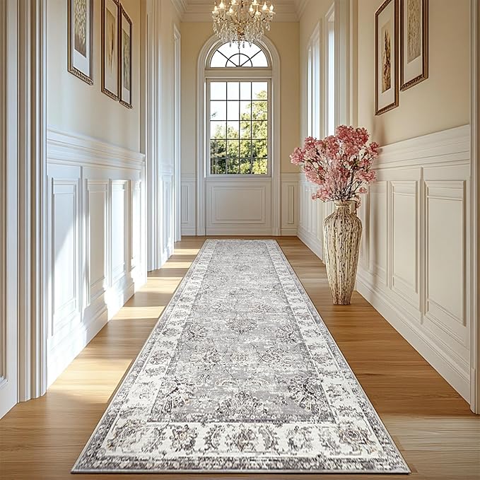 jinchan Long Hallway Runner Rug 2x12 Machine Washable Runner Rug Grey Vintage Floral Design Non-Slip Ultra-Thin for Kitchen Laundry Room Bedroom Farmhouse (2‘x12',Grey)-CubbioJoy