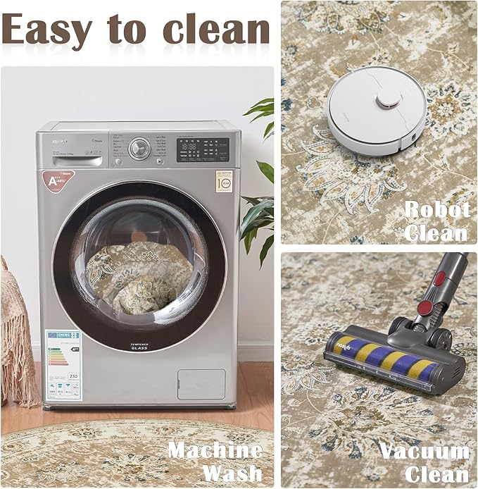 jinchan Round Rug 5ft Area Rug - Indoor Vintage Hallway Circle 5' Washable - Ultra-Thin Low Pile Soft Small Non Slip Distressed Floral Print for Living Room Dining Room Bedroom Entryway Taupe-CubbioJoy