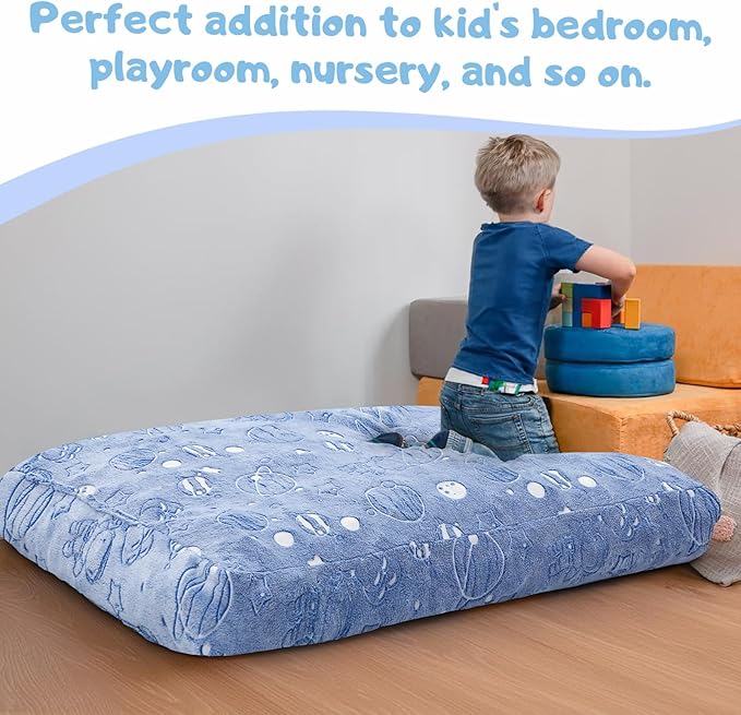 COMAX Kids Bean Bag Chair Turn into Beanbag Bed, Unicorn Toddler Bean Chair for Girl Boy Sleeping, Lazy Children Sofa Couch with Filler, Convertible Child Floor Mattress, Glowing Space-CubbioJoy