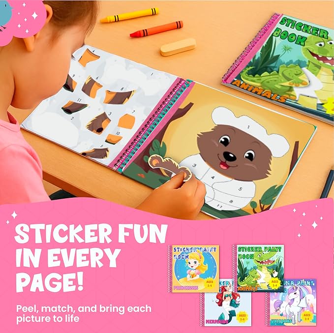 BulbaCraft 4Pcs Sticker Paint Books for Girls - Sticker Books by Number with Mermaids, Princesses, Animals and Unicorns - Coloring Activity for Kids-CubbioJoy