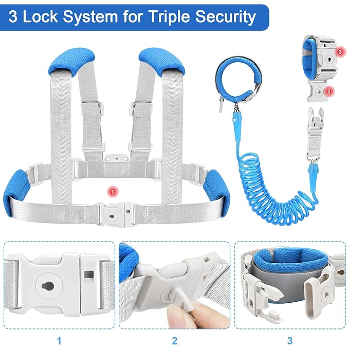 Accmor 3 in1 Toddler Harness Leash, Soft Kid Harness with Anti Lost Wrist Link, Baby Leash, Leash for Toddlers, Child Walking Harness Kids Leash Wristband Rope Belt with Lock for Baby Boys-CubbioJoy