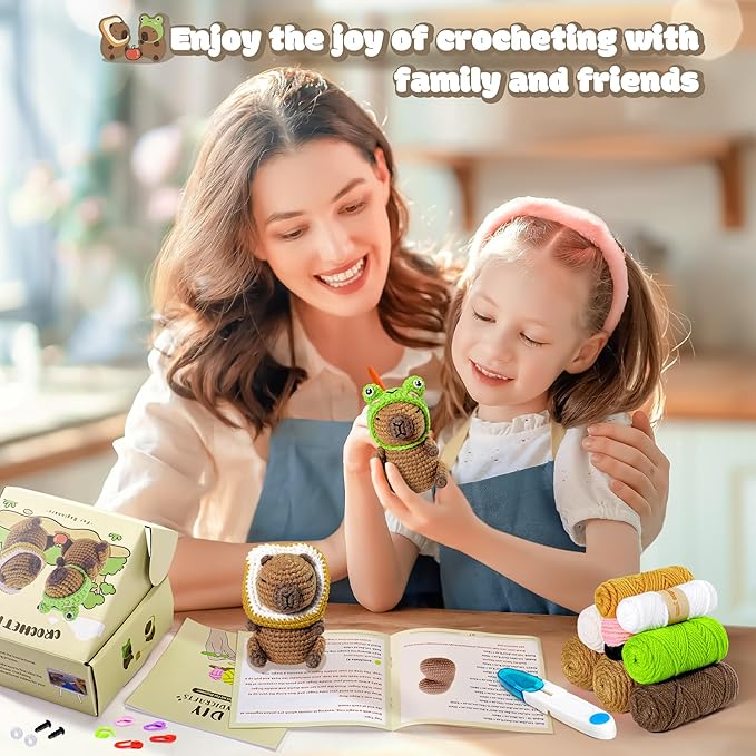 Capybara Crochet Kit for Beginners, 2PCS Capybara with Frog and Bread Hats Crochet Animal Kit with Step-by-Step Video Tutorials, Starters Crocheting Kits, Stuffed Animals Knitting Kit for Kids Adults-CubbioJoy