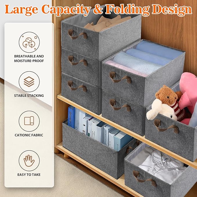 10 Pack Large Capacity Storage Bins, 25L Fabric Closet Organizer With Handles, Collapsible Baskets for Shelves, Clothing, Sheets, Books, Toys (Gray)-CubbioJoy