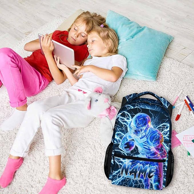 Boys School Backpack, Personalized Football Backpacks for Kids Kindergarten Senior Middle, 17 Inch Lightweight Lightning Bookbag with Custom Name, Cool Back to School Gift-CubbioJoy