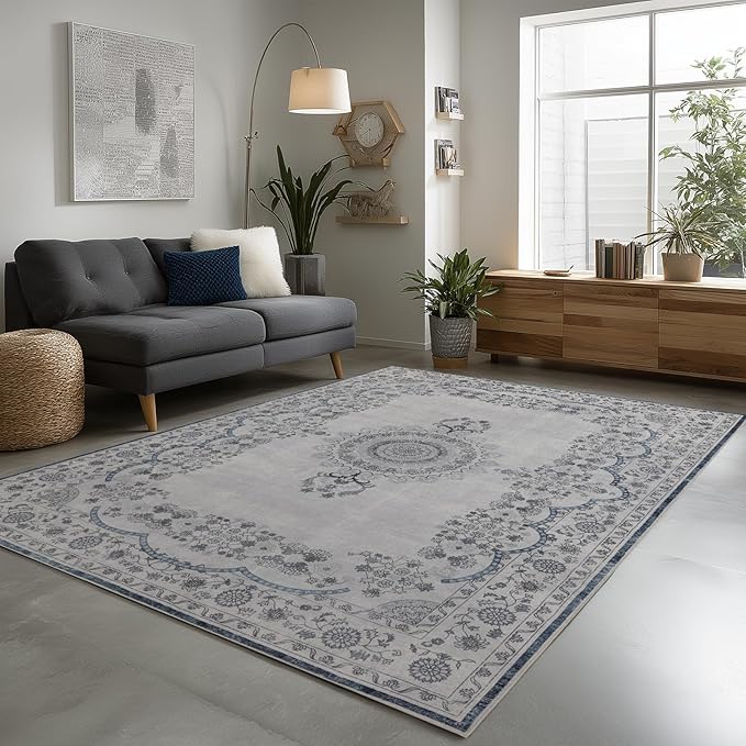 9x12 Area Rug Living Room Rugs, Stain Resistant Washable Rug, Vintage Large Non-Slip Backing, Low Pile Lightweight Print Rug for Bedroom Dinning Room Home Office (Grey/Blue)-CubbioJoy