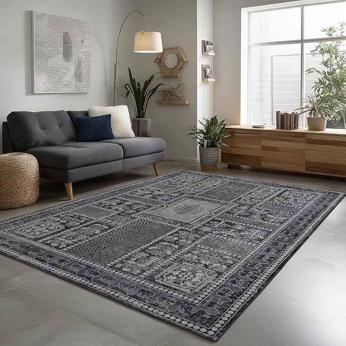 4x6 Washable Area Rug for Living Room, Carpet for Bedroom, Soft Faux Wool Retro Dining Room Rug, Non Slip&Non-Shedding Resistant Low Pile Vintage Print Rug for Home Office (Grey)-CubbioJoy
