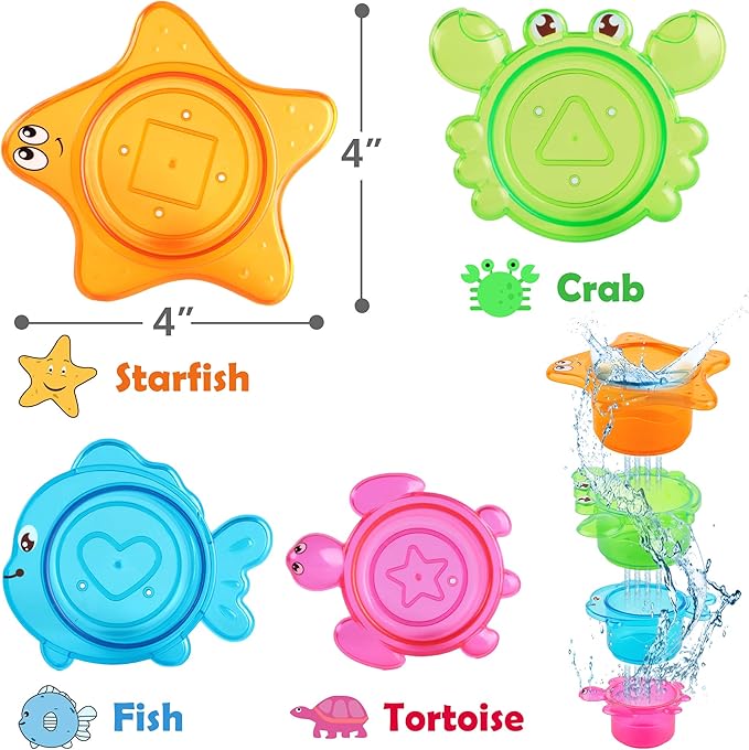 iPlay, iLearn Baby Bath Toys w/ Organizer, Water Squirting Octopus, Wind Up Swimming Turtle, Bathtub & Shower, Stacking Cups, Gift for 6, 9, 12, 18 Months 1, 2, 3 Years, Toddlers, Girls, Boys & Kids-CubbioJoy