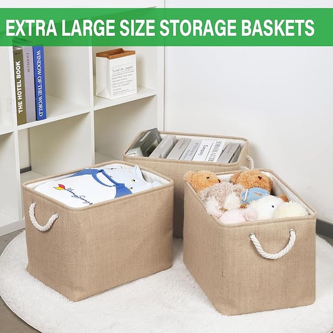 Bidtakay Fabric Storage Baskets for Shelves 3 Pack Large Storage Bins for Organizing Linen Collapsible Organizer for Closet-Flaxen-CubbioJoy