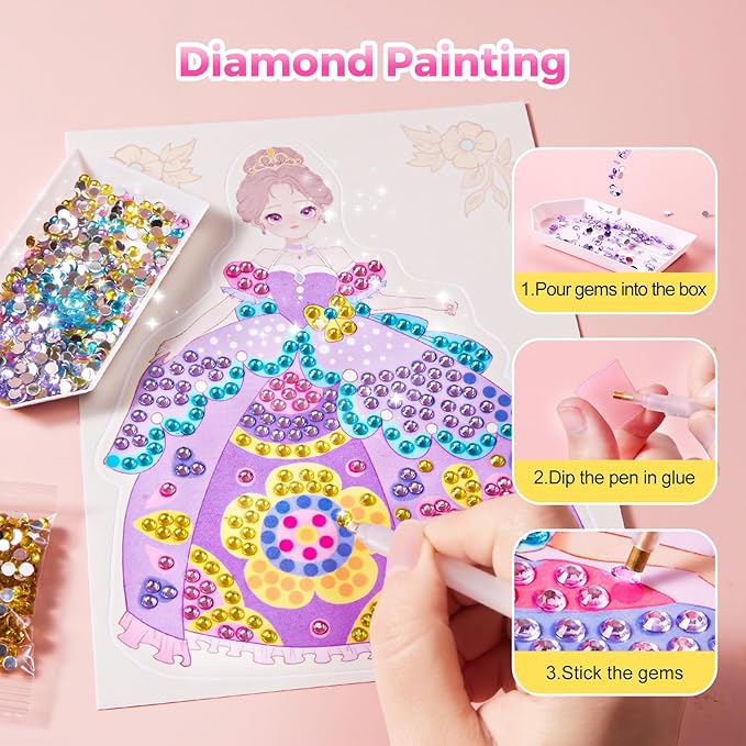 4 in 1 Princess Art Craft Kits, Foil Crafts Art Fun & Gem Painting, Makeup Diamond DIY Activity, Dress Up Sticker Books,Travel Toys, Ideal Toys for Girls Ages 6 7 8+ Years Old-CubbioJoy