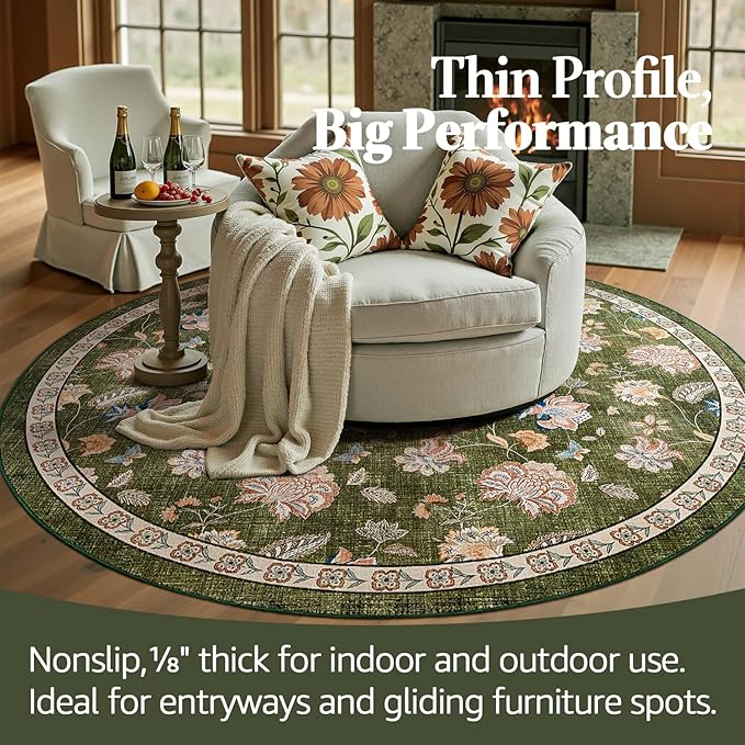 jinchan 6ft Floral Round Rug for Dining Room Washable Living Room Rug Vintage Romance Design Non Slip Indoor Floor Cover Lightweight Low-Profile Throw Carpet for Bedroom Porch Patio, Green-CubbioJoy