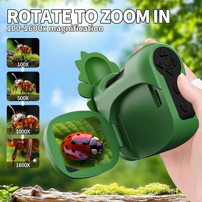 1600X Handheld Microscope for Kids 2" IPS Screen Kit Mini Pocket Digital Microscopes STEM Science with Slides Photo Video Rechargeable Portable Scope Gift for Ages 6-12 (Green)-CubbioJoy
