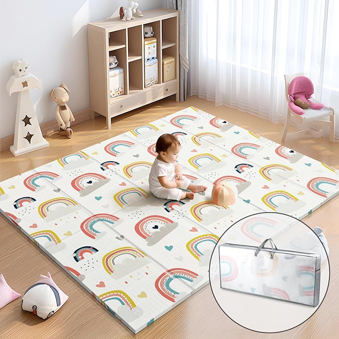79 x 71 Baby Play Mats for Floor, Foldable Foam Play Mat for Babies 0-12 months,Thick & Waterproof Playmate for Baby, Non Toxic Baby Tummy Time Activity Playmat, Reversible Playpen Mat for Infant Toddlers-CubbioJoy