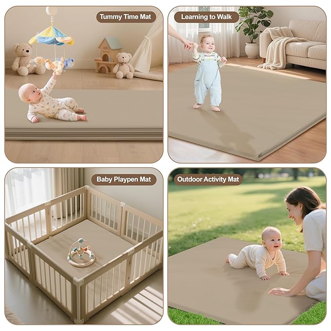 Baby Play Mat 47x47 Inches, Extra Thick 1.2" Foam Floor Mat for Tummy Time & Crawling, Waterproof Non-Slip Faux Leather Playpen Mat for Infants Toddlers, Indoor Outdoor Gym Activity, Brown-CubbioJoy