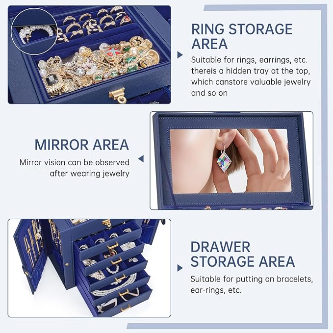 AKOZLIN 6-Tier Jewelry Box Organizer Functional 5 Drawers Leather Jewelry Storage Case for Women Girls Ring Necklace Earring Bracelet Holder Organizer with Mirror Blue-CubbioJoy