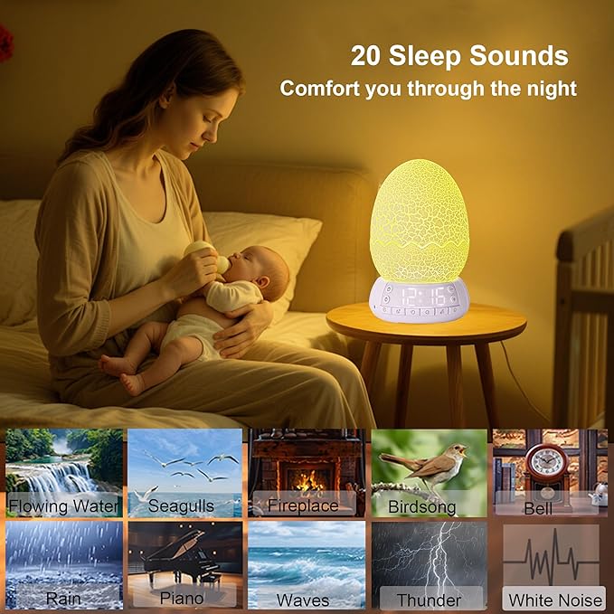 Dinosaur Egg Shape Touch Control Night Light with Pattern Inside, Digital Alarm Clock with Wake Up Light, 20 Soothing Sleep Training Sound and Bluetooth Speaker Box (2025 Style)-CubbioJoy