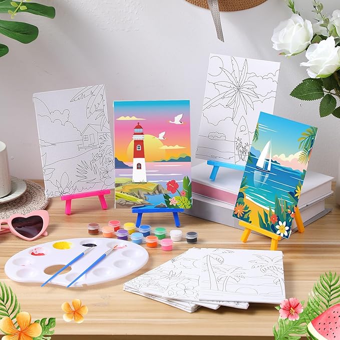 Blosssound 10 Set Pre Printed Canvas Pre Drawn Canvas Painting with Easel Kits 5" x 7" Outline Painting Panels for Beginners, DIY Craft Project, Party Favor, Home Decors(Landscape)-CubbioJoy