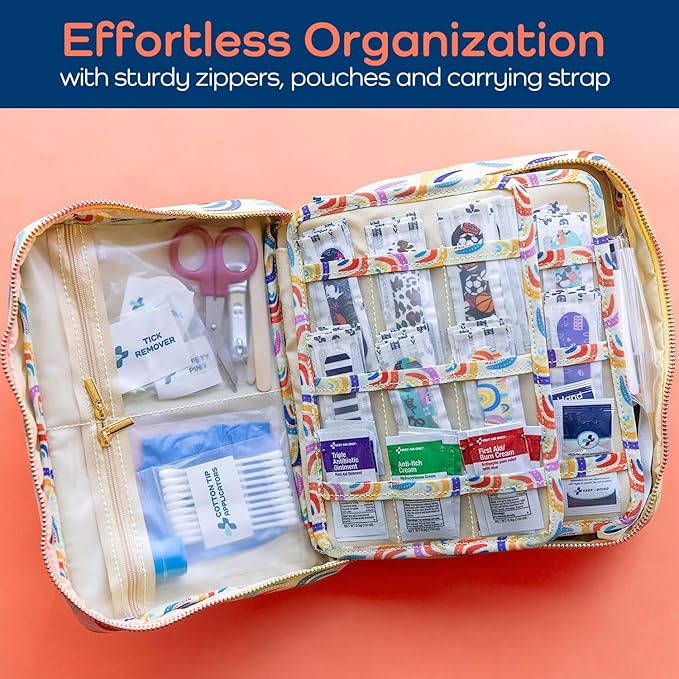 KeepGoing Large Home First Aid Kit for Kids – 270 Pc. for Car, Home, Dorm, & Boat with Latex-Free Bandages – 10 x 7 x 3.5 in. Travel First Aid Kit (Sunny Rainbow)-CubbioJoy